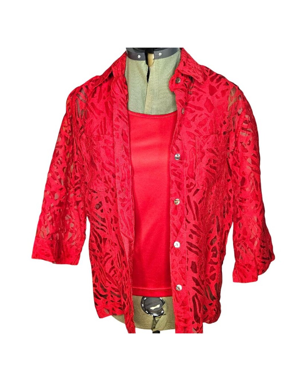 Woman's red burnout sheer boho art deco pattern button down tank and jacket M/L